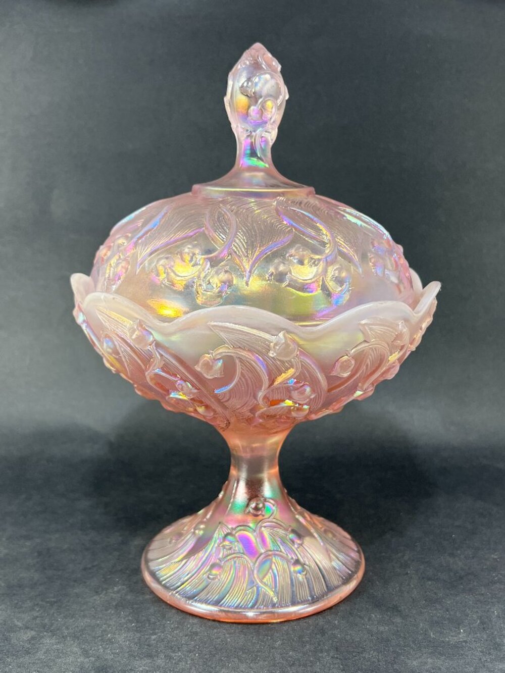 Vtg Fenton Lily Of The Valley Art Glass Pink Opalescent Carnival Iridescent Lid